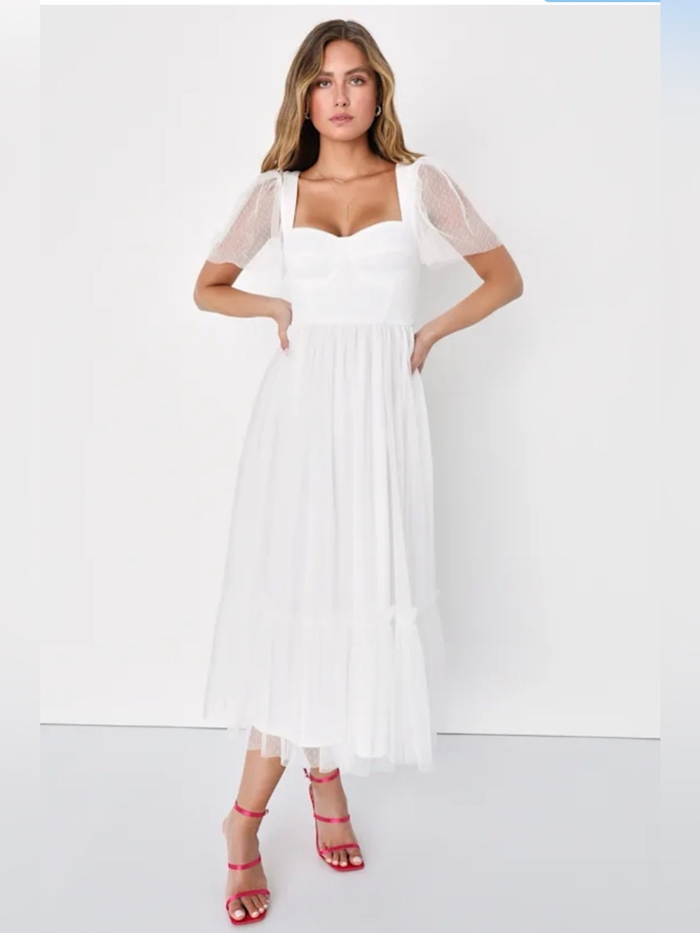 NWOT Lulus Dreamy Celebration White Tulle Bustier Swiss Dot Midi Dress Medium